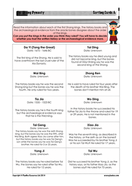 The Shang Dynasty Sorting Cards A