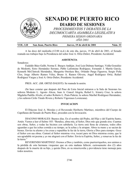 Senado De Puerto Rico Diario De Sesiones Procedimientos Y Debates De La Decimocuarta Asamblea Legislativa Primera Sesion Ordinaria Año 2001 Vol