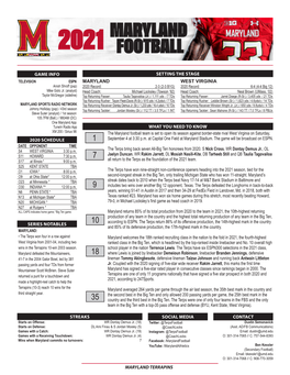 The Maryland Football Team Is Set to Open Its Season Against Border-State Rival West Virginia on Saturday, 2020 SCHEDULE 1 September 4 at 3:30 P.M
