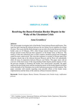 Resolving the Russo-Estonian Border Dispute in the Wake of the Ukrainian Crisis