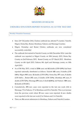 Cholera Outbreak Has Affected 7 Counties: Nairobi, Migori, Homa Bay, Bomet, Mombasa, Nakuru and Muranga Counties