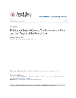Politics in Classical Greece: the an Ture of the Polis and the Origins of the Rule of Law Thomas D