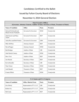 11/4/2014 General Election Candidates