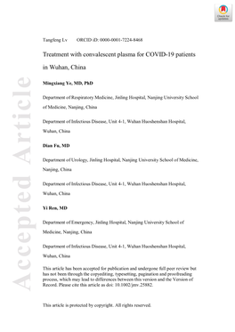 Treatment with Convalescent Plasma for COVID‐19 Patients in Wuhan