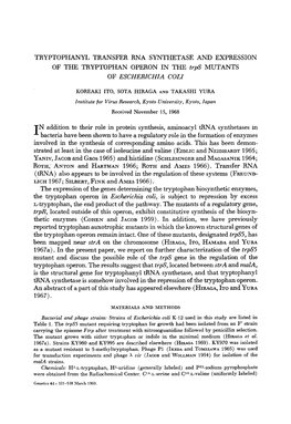 TRYPTOPHANYL TRANSF'er RNA SYNTHETASE and EXPRESSION of the TRYPTOPHAN OPERON in the Trp8 MUTANTS of ESCHERICHIA COLI I N Additi