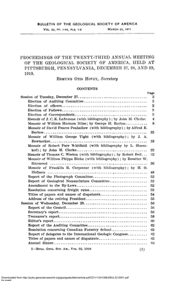 Proceedings Op the Twenty-Third Annual Meeting Op the Geological Society Op America, Held at Pittsburgh, Pennsylvania, December 21, 28, and 29, 1910