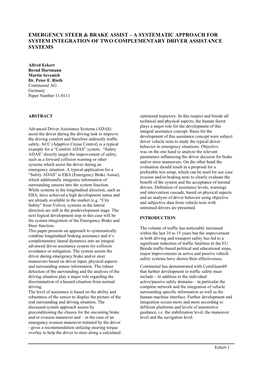 Emergency Steer & Brake Assist – a Systematic Approach for System Integration of Two Complementary Driver Assistance Syste