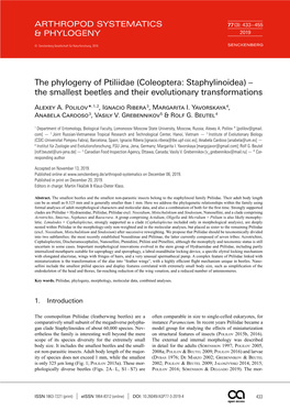 The Phylogeny of Ptiliidae (Coleoptera: Staphylinoidea) – the Smallest Beetles and Their Evolutionary Transformations