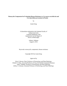 Monocyclic Components for Evaluating Disease Resistance to Cercospora Arachidicola and Cercosporidium Personatum in Peanut