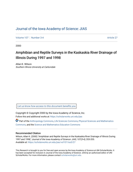 Amphibian and Reptile Surveys in the Kaskaskia River Drainage of Illinois During 1997 and 1998