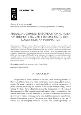 Financial Crime in the Operational Work of the State Security Service Until 1956 – Lower Silesian Perspective