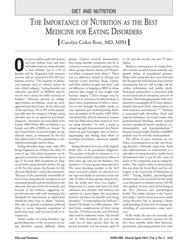 THE IMPORTANCE of NUTRITION AS the BEST MEDICINE for EATING DISORDERS Carolyn Coker Ross, MD, MPH