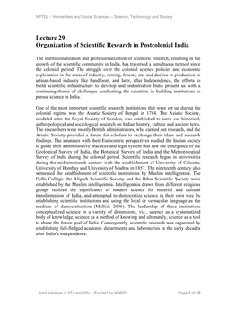 Lecture 29 Organization of Scientific Research in Postcolonial India