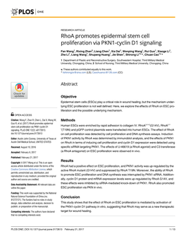 Rhoa Promotes Epidermal Stem Cell Proliferation Via PKN1-Cyclin D1 Signaling
