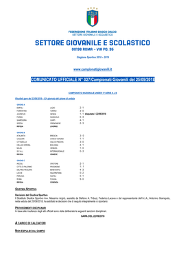 COMUNICATO UFFICIALE N° 027/Campionati Giovanili Del 25/09/2018