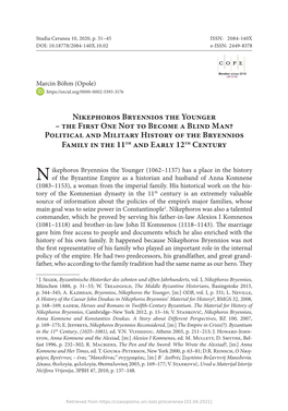 Nikephoros Bryennios the Younger – the First One Not to Become a Blind Man? Political and Military History of the Bryennios Family in the 11Th and Early 12Th Century