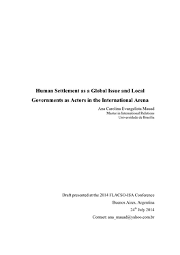 Human Settlement As a Global Issue and Local Governments As Actors