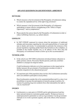 ADVANCE QUESTIONS to LIECHTENSTEIN- ADDENDUM DENMARK • Which Measures Is the Government of the Principality of Lichtenstein Ta