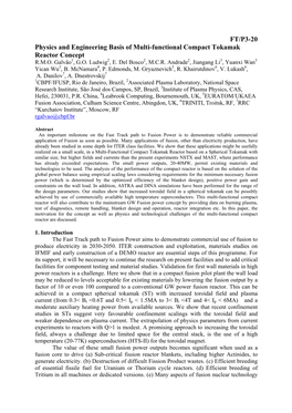 FT/P3-20 Physics and Engineering Basis of Multi-Functional Compact Tokamak Reactor Concept R.M.O