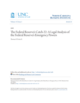 The Federal Reserve's Catch-22: 1 a Legal Analysis of the Federal Reserve's Emergency Powers