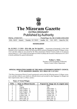 The Mizoram Gazette EXTRA ORDINARY Published by Authority RNI No