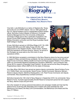 Vice Admiral Luke M. Mccollum Chief of Navy Reserve Commander, Navy Reserve Force