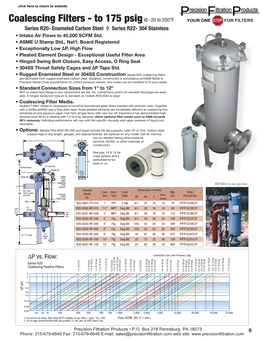 Coalescing Filters - to 175 Psig @ -20 to 200°F Series R20- Enameled Carbon Steel ◊ Series R22- 304 Stainless • Intake Air Flows to 40,000 SCFM Std