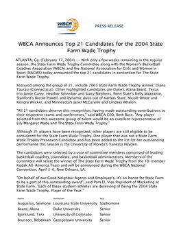 WBCA Announces Top 21 Candidates for the 2004 State Farm Wade Trophy 2003-04 021704