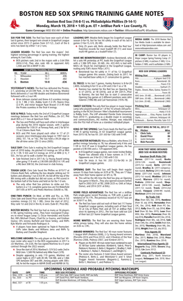 BOSTON RED SOX SPRING TRAINING GAME NOTES Boston Red Sox (14-8-1) Vs