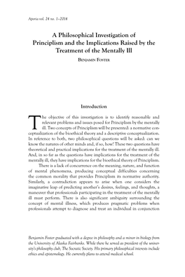 A Philosophical Investigation of Principlism and the Implications Raised by the Treatment of the Mentally Ill