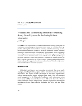 Wikipedia and Intermediary Immunity: Supporting Sturdy Crowd Systems for Producing Reliable Information Jacob Rogers Abstract