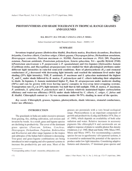 Photosynthesis and Shade Tolerance in Tropical Range Grasses and Legumes