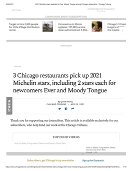 3 Chicago Restaurants Pick up 2021 Michelin Stars, Including 2 Stars Each for Newcomers Ever and Moody Tongue