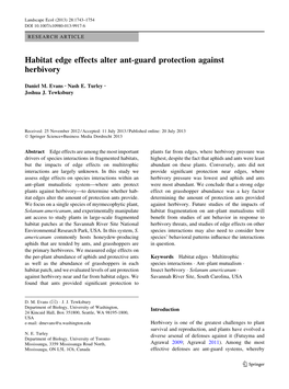 Habitat Edge Effects Alter Ant-Guard Protection Against Herbivory