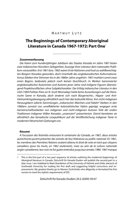 The Beginnings of Contemporary Aboriginal Literature in Canada 1967-1972: Part One1