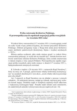 Próba Ratowania Królestwa Polskiego. O Prawnopolitycznych Aspektach Negocjacji Polsko-Rosyjskich We Wrześniu 1831 Roku1