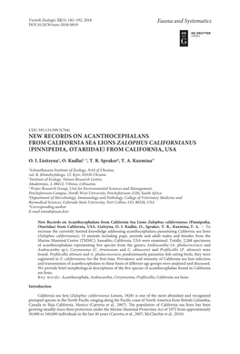 NEW RECORDS on ACANTHOCEPHALANS from CALIFORNIA SEA LIONS ZALOPHUS CALIFORNIANUS (PINNIPEDIA, OTARIIDAE) from CALIFORNIA, USA Fa