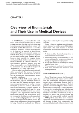 Overview of Biomaterials and Their Use in Medical Devices