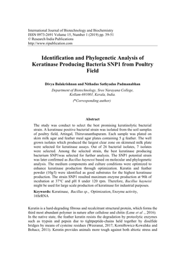 Identification and Phylogenetic Analysis of Keratinase Producing Bacteria SNP1 from Poultry Field