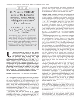 U–Pb Zircon (SHRIMP) Ages for the Lebombo Rhyolites, South Africa