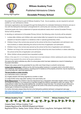 Dovedale Primary Admission Arrangements 2019-2020