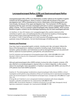 Laryngopharyngeal Reflux (LPR) and Gastroesophageal Reflux (GERD)