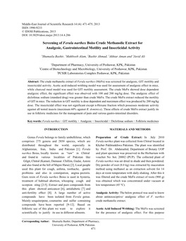 Screening of Ferula Narthex Boiss Crude Methanolic Extract for Analgesic, Gastrointestinal Motility and Insecticidal Activity