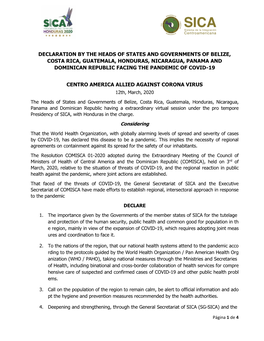 Declaration by the Heads of States and Governments of Belize, Costa Rica, Guatemala, Honduras, Nicaragua, Panama and Dominican R