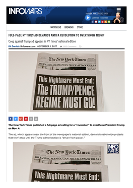 FULL-PAGE NY TIMES AD DEMANDS ANTIFA REVOLUTION to OVERTHROW TRUMP Coup Against Trump Ad Appears in NY Times’ National Edition