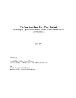 The Newfoundland Rare Plant Project Including an Update to the Rare Vascular Plants of the Island of Newfoundland