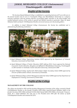 JAMAL MOHAMED COLLEGE (Autonomous) Tiruchirappalli – 620 020 Profile of the Society