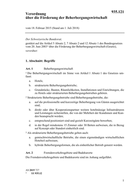 Verordnung Über Die Förderung Der Beherbergungswirtschaft 935.121