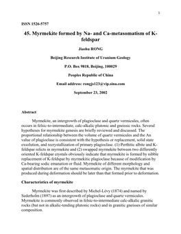 45. Myrmekite Formed by Na- and Ca-Metasomatism of K- Feldspar