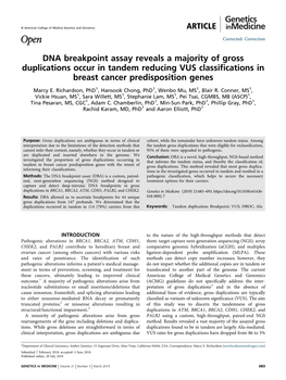 DNA Breakpoint Assay Reveals a Majority of Gross Duplications Occur in Tandem Reducing VUS Classifications in Breast Cancer Predisposition Genes